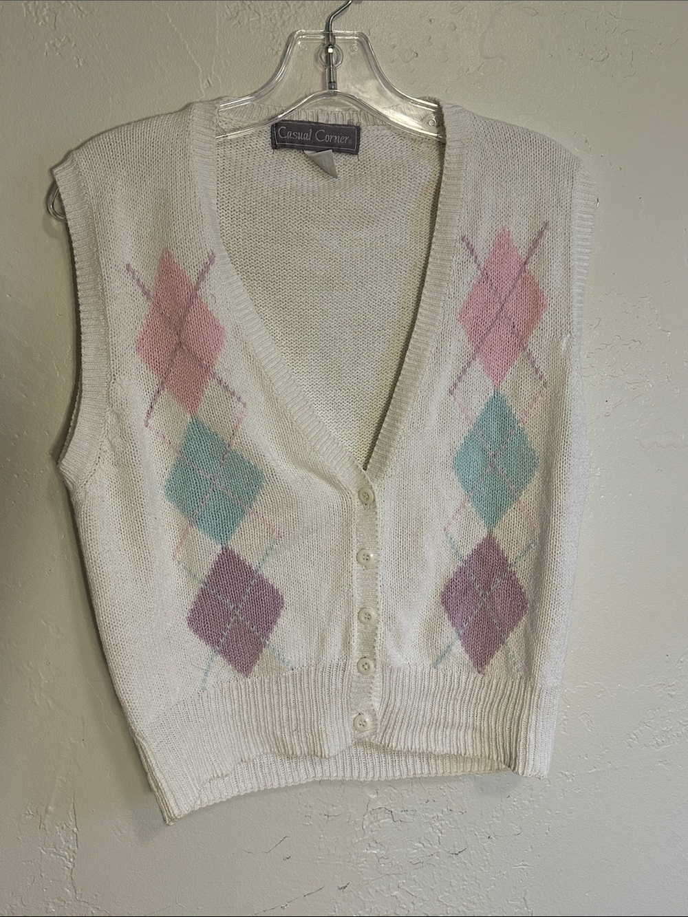 Vintage Casual Corner Cream Argyle V-Neck Button Sweater Vest